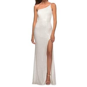 La Femme Evening Gown 30681 One Shoulder Side Slit Sequin Dress White Size 00